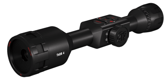 ATN THOR4 2.5-25x thermal rifle scope. Features 16 hours of battery life and automatic recoil activated video recording.
